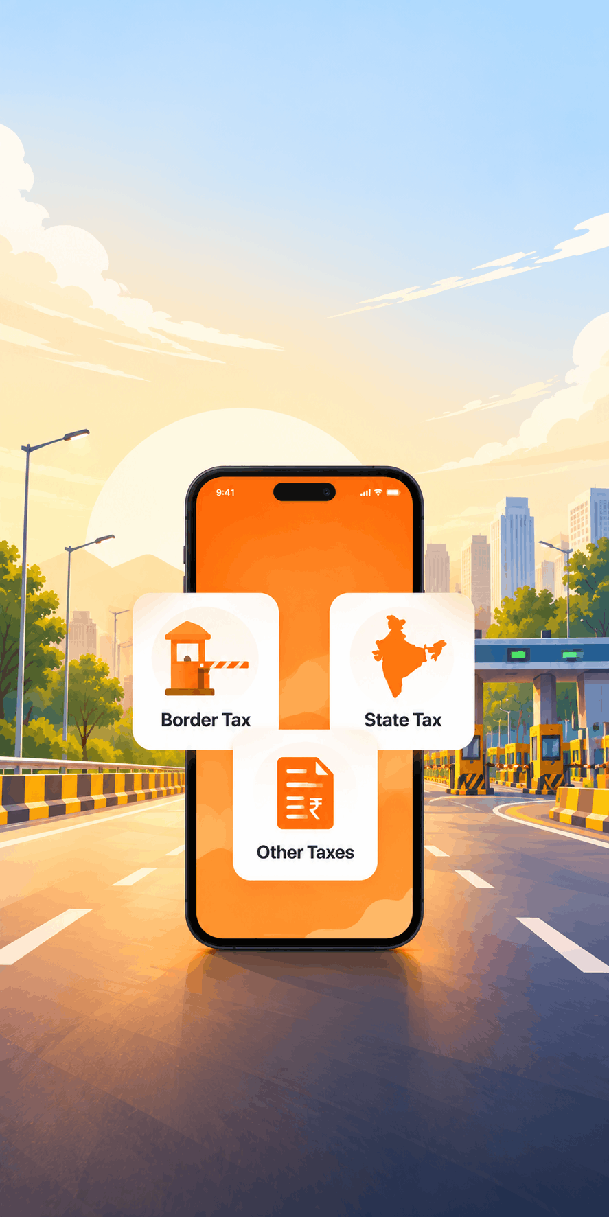 The VahanTax app open on a phone on a highway, showing Border Tax, State Tax and Other Taxes